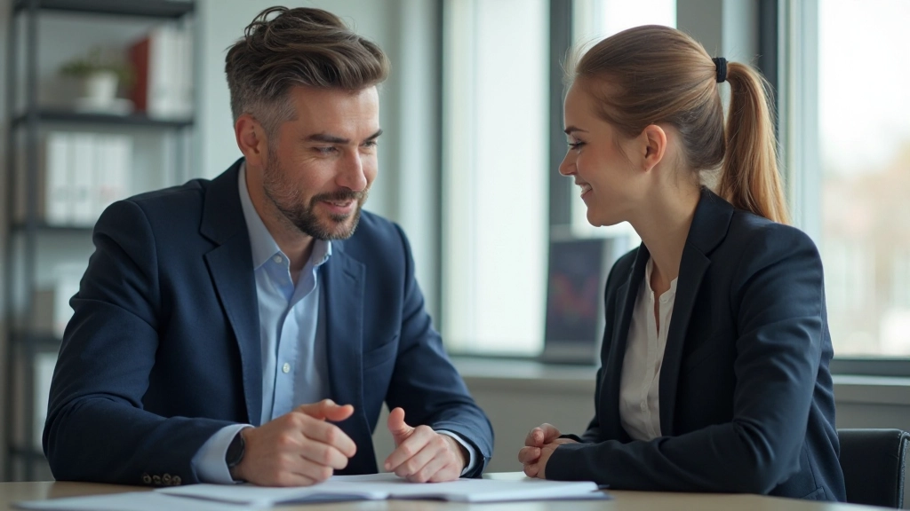 Профессиональное фото консультанта по карьере, обсуждающего стратегию развития с клиентом в офисе