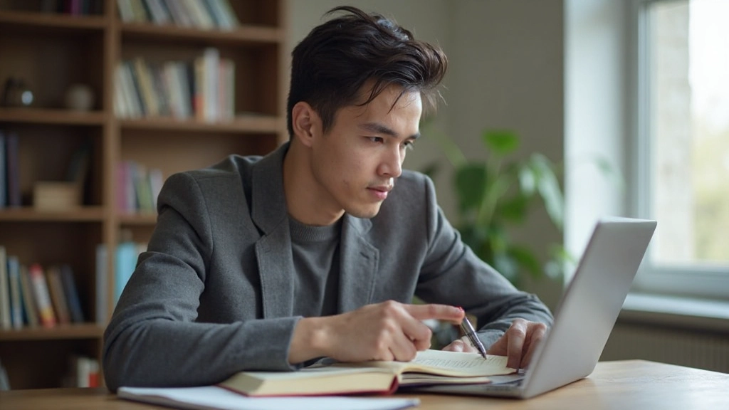 Фото студента, готовящегося к экзамену, с учебными материалами и ноутбуком в библиотеке