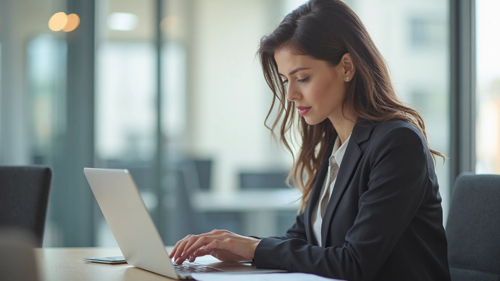 Профессиональный специалист изучает новые навыки на ноутбуке в современном офисе с естественным освещением