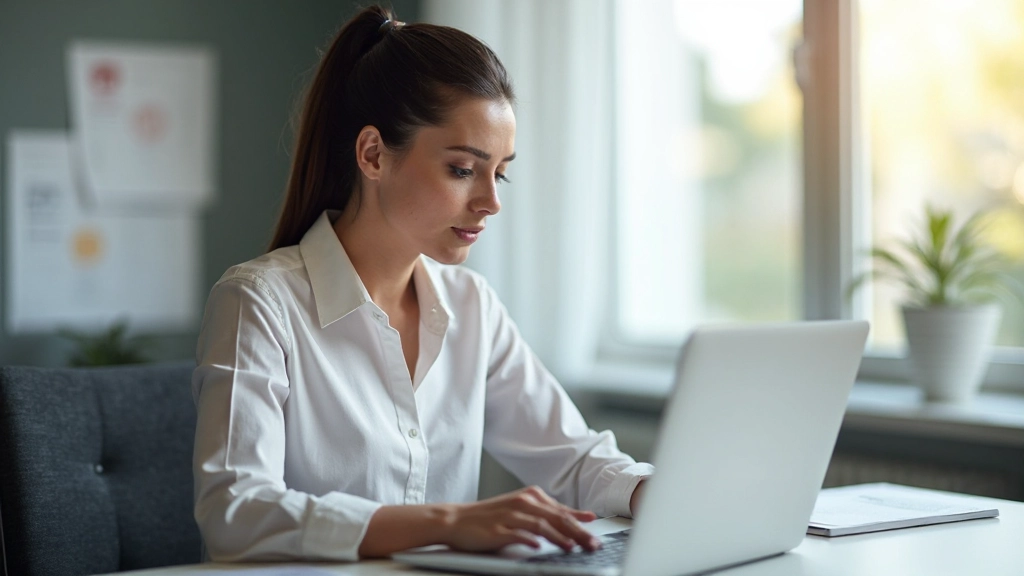 Профессиональное фото женщины, изучающей международные сертификаты на ноутбуке